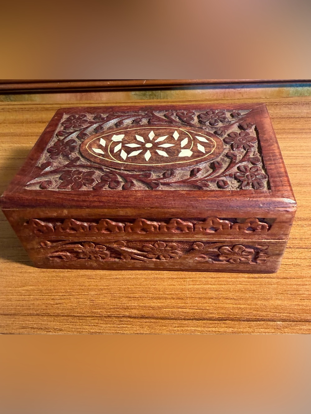 Trinket Jewelry Box Keepsake Medium Brown Hand Carved Floral Bone Inlay